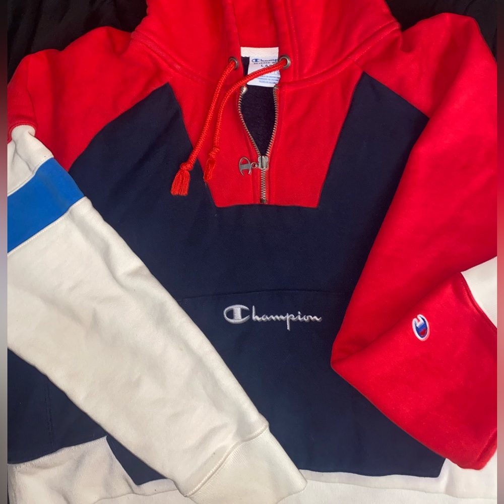 Champion Women's Red, Blue, and Cream Zip-Up Sweater